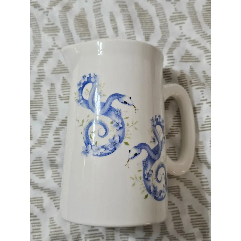 Ciroa Blue Snake and Floral Ceramic Measuring Pitcher Jug 3 Cup Capacity 7 Inch
